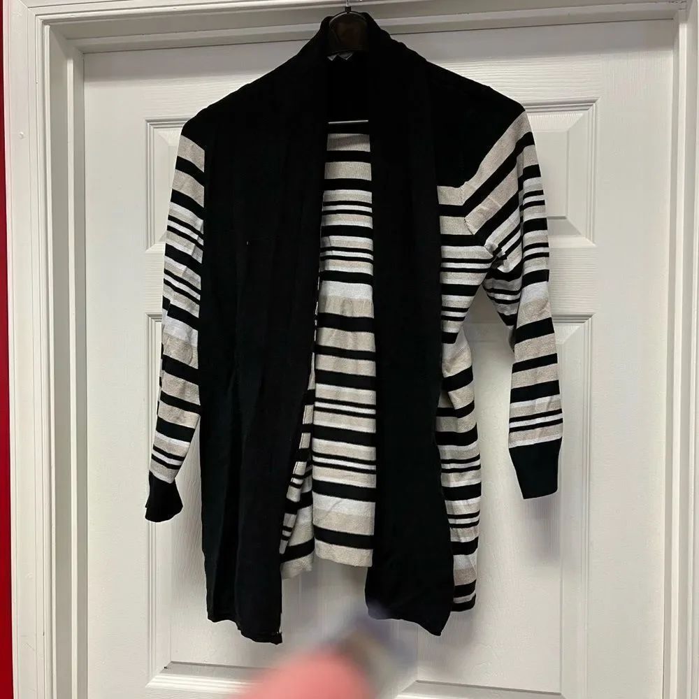 Avenue Black Stripe Open Front Stripe Cardigan Sweater sz 22/24 EUC